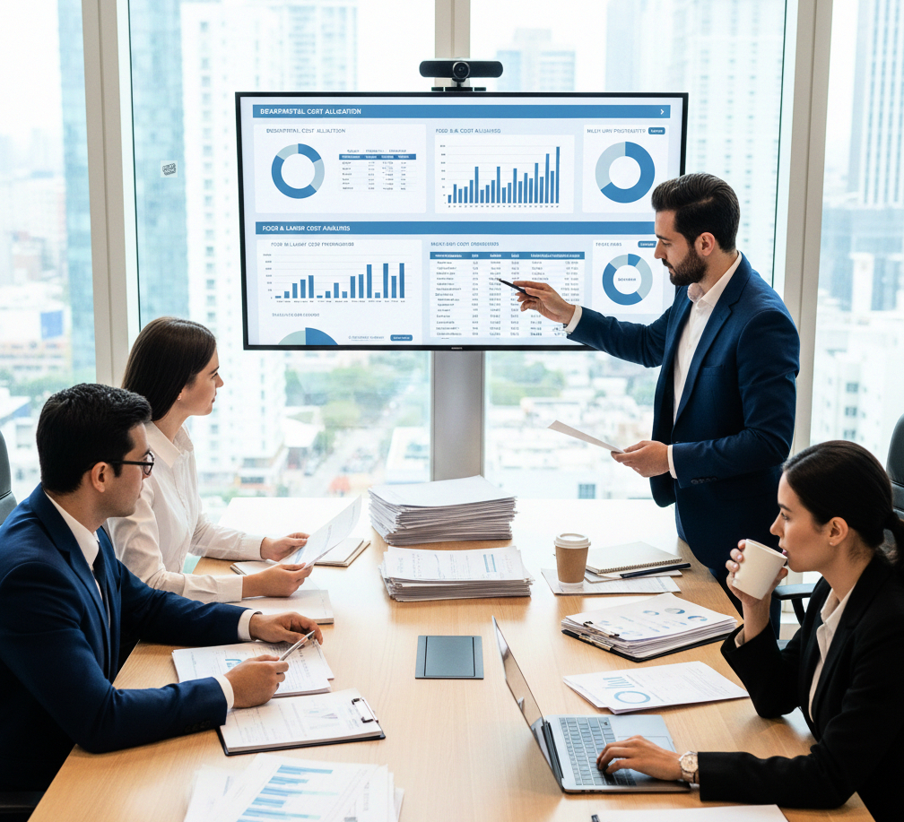 Ilustración que abarca los procesos de implementación de sistemas financieros y analíticos en proyectos de e-commerce